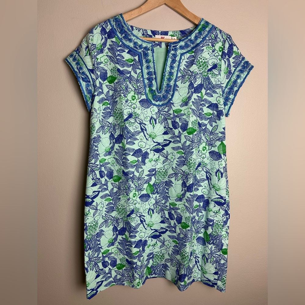 Vineyard Vines Cordia Floral Dress Blue Green Embroidered Size 10 Cotton Linen